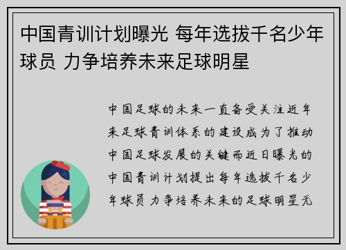 中国青训计划曝光 每年选拔千名少年球员 力争培养未来足球明星